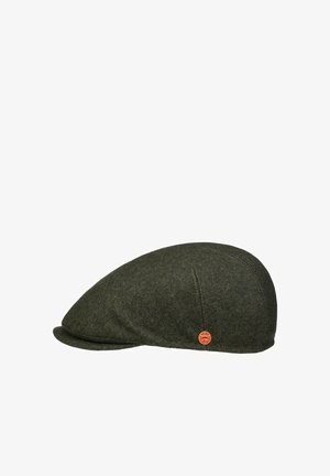 Dark green wool flat cap with small red and gold circular brand logo on side.