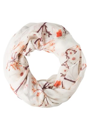 Écharpe infinity crème claire avec de délicats motifs floraux et de branches orange et marron, doucement drapée en forme circulaire.
