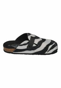 Zebra-patterned slip-on slipper made of soft fabric with black accents, cork outsole, and a cutout design. Suitable for casual wear.