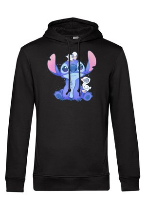 Zwarte hoodie met een kleurrafische afbeelding van een blauw personage met grote oren en een klein wit personage, beide samen zittend.