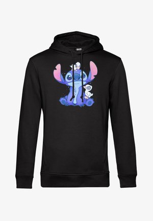 Felpa nera con un grafico colorato di un personaggio blu con grandi orecchie e un piccolo personaggio bianco, entrambi seduti insieme.