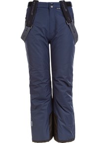 Pantalon de ski isolé bleu marine avec bretelles noires réglables et renforts noirs aux poignets intérieurs des jambes.