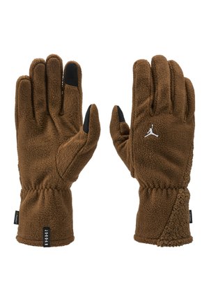Gants en polaire marron avec une finition texturée. Accents noirs sur les doigts et un logo blanc à l'avant. Poignet froncé pour un ajustement confortable.
