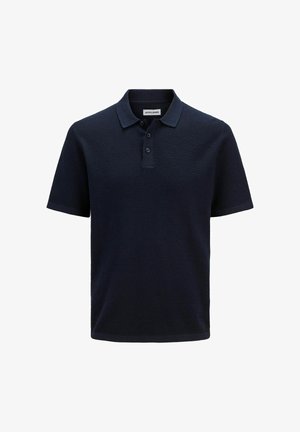 Polo a maniche corte blu navy con tessuto strutturato, patta a tre bottoni e colletto classico.