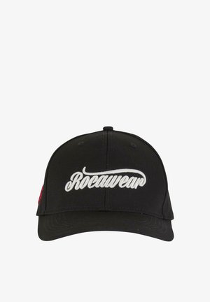 Black baseball cap featuring embroidered "Rocawear" logo in white, with a red tag on the side. Simple and stylish design.