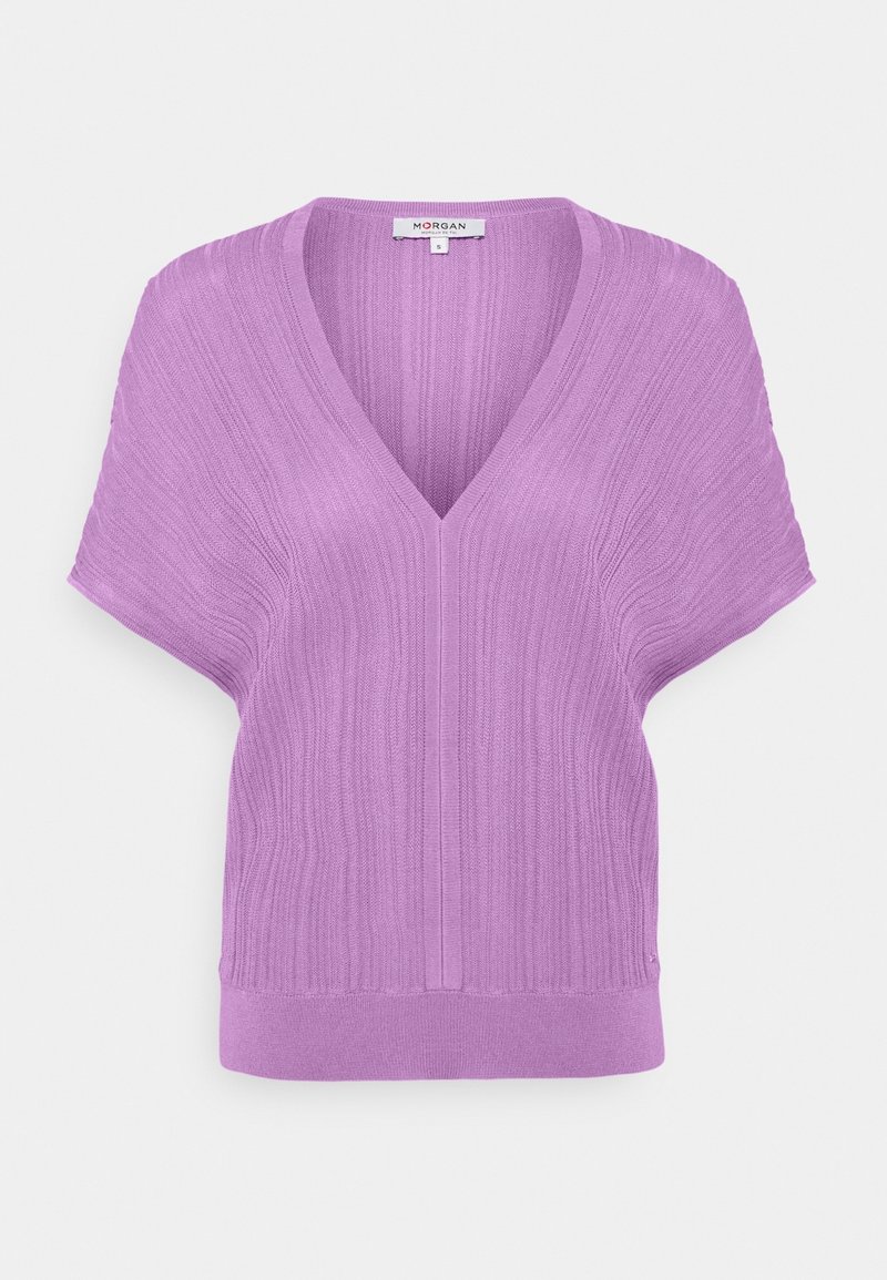Haut en maille lavande à manches courtes avec col en V et texture côtelée, taille petite.