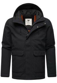 Black outdoor jacket with a hood, front zipper, and two large front pockets. Interior lined with orange fabric, featuring adjustable drawstrings.