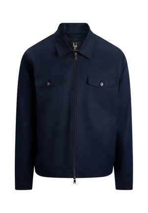 Marineblå jakke med glidelås, spiss krage, to brystlommer med knapper og lange ermer.
