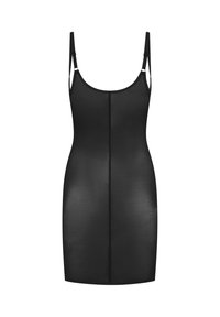 Abito modellante nero con spalline regolabili, design senza cuciture e texture liscia. Presenta una cucitura centrale per maggiore struttura.