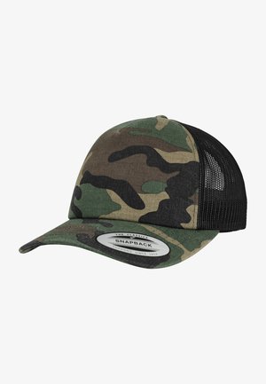 Kameléon snapback caps med buet skygge, stofffront og nettbakside. Har et rundt merke på forsiden med merkevarenavn.