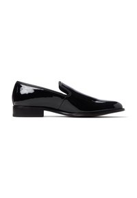 Schwarzer Lacklederschuh mit glatter Textur, abgerundetem Zehenbereich und niedrigem, Blockabsatz. Elegantes Design mit seitlichen Ausschnitten für einen einfachen Ein- und Ausstieg.