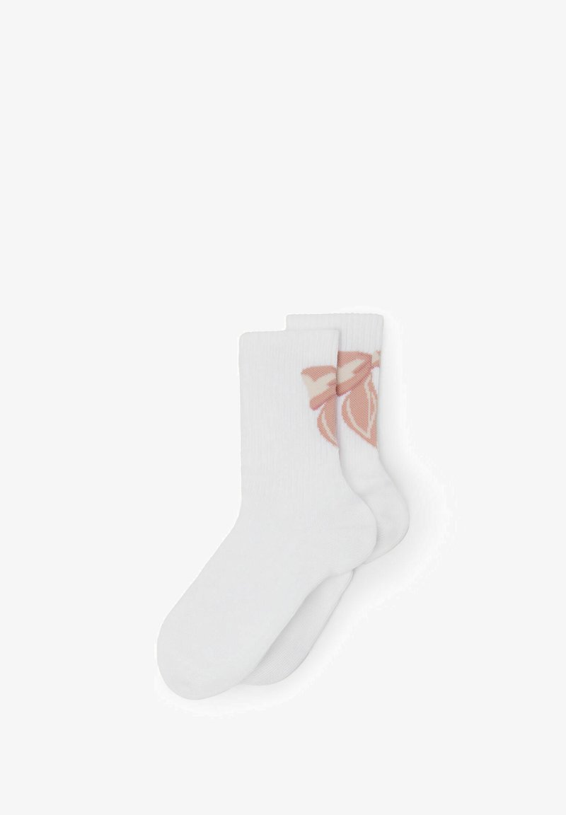 Calzini bianchi in cotone con un design floreale rosa sul lato, con una texture a coste e un taglio alla caviglia.