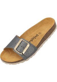 Gray glitter slide sandal with a gold metal buckle, cork footbed, and white rubber sole. Features a smooth texture and open-toe design.
