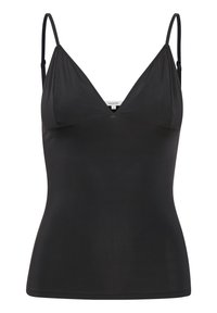 Camisole noire avec bretelles spaghetti réglables, design en V, texture lisse et silhouette ajustée. Étiquette au niveau de la couture centrale du dos.