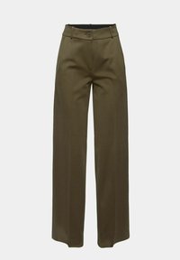 Pantalon taille haute, jambe large, vert olive, avec fermeture à bouton et zip, et passants pour ceinture, présenté sur fond uni.