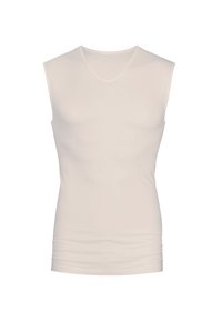 Top bianco senza maniche con scollo a V, realizzato in un materiale liscio ed elastico, caratterizzato da una forma aderente con un delicato dettaglio arricciato sull'orlo.