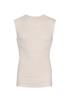 White sleeveless V-neck top, made of smooth, stretchy material, featuring a fitted shape with subtle gathered detail at the hem.