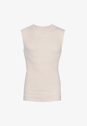 White sleeveless V-neck top, made of smooth, stretchy material, featuring a fitted shape with subtle gathered detail at the hem.