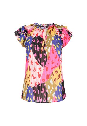 Kurzarmbluse mit Rüschenärmeln und einem bunten, abstrakten Leopardenmuster in Pink-, Gelb-, Blau-, Schwarz- und Brauntönen.