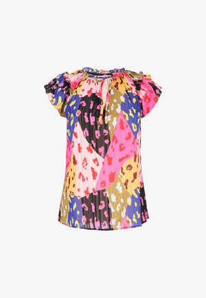 Kurzarmbluse mit Rüschenärmeln und einem bunten, abstrakten Leopardenmuster in Pink-, Gelb-, Blau-, Schwarz- und Brauntönen.