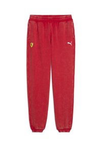 Röda bomullssportbyxor med elastisk midja, med en liten gul Ferrari-logotyp och en vit Puma-logotyp på sidan.