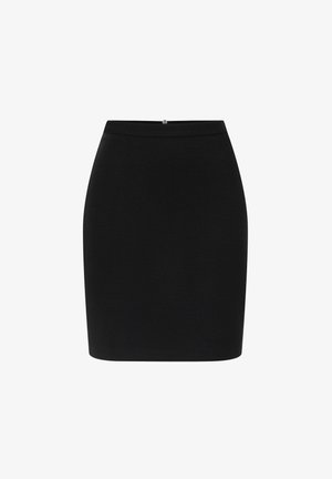 Schwarzer Bleistiftrock mit angepasstem Design, strukturiertem Stoff und einem dezenten Rückenverschluss. Nahtloser Abschluss ohne sichtbare Muster oder Verzierungen.