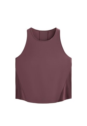 Bordeaux tanktop gemaakt van een gladde stof, met een hoge halslijn, brede armsgaten en een gebogen zoom met textuurelementen aan de zijkanten.