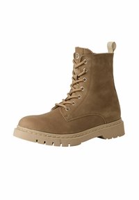 Tan suede ankle boots with a rounded toe, 6 metallic eyelets, and a rugged rubber sole. Features a loop tag on the heel for easy wear.