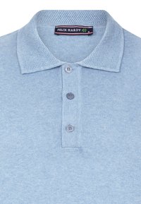 Camisa polo azul claro con un cuello texturizado, tapeta de tres botones y una etiqueta con el logo que dice "Felix Hardy". Material de punto suave.