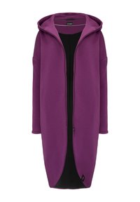 Fioletowa kurtka z długim rękawem i kapturem, z czarnym wnętrzem, uszyta z miękkiego materiału. Posiada zamek błyskawiczny na całej długości oraz boczne kieszenie.