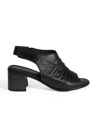 Zwarte leren sandalen met hakken, voorzien van een gathered ontwerp, open teen en een enkelbandje. Textuur blokhak en een glad voetbed.