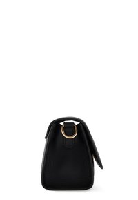 Black leather handbag with a structured design, featuring a gold ring accent on the front and a textured surface. Dimensions: small, trapezoidal shape.