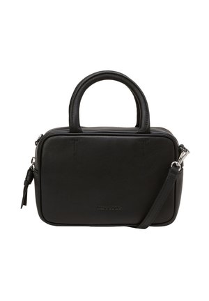 Sac à main rectangulaire noir avec deux poignées arrondies, une bandoulière amovible, fermeture éclair et logo discret à l'avant.