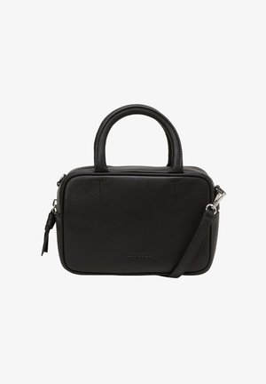 Sac à main rectangulaire noir avec deux poignées arrondies, une bandoulière amovible, fermeture éclair et logo discret à l'avant.