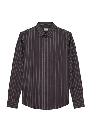 Langærmet skjorte med knapper i mørkt stof, med vertikale lyse striber, en klassisk krave og en lige kant med knapdetaljer.