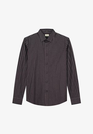 Langærmet skjorte med knapper i mørkt stof, med vertikale lyse striber, en klassisk krave og en lige kant med knapdetaljer.