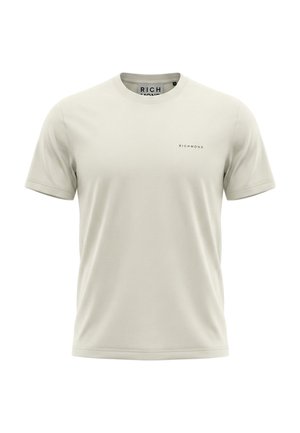Maglietta beige a maniche corte con scollo rotondo, piccolo logo "Richmond" sul petto a sinistra e etichetta all'interno del colletto.