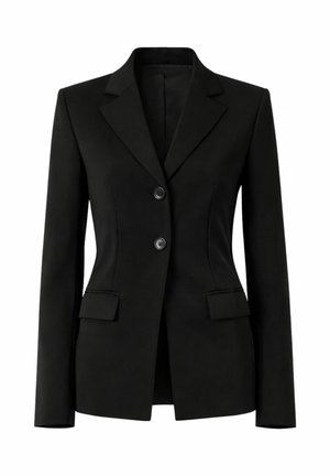 Blazer da donna nero su misura con rever a lancia, due bottoni, maniche lunghe e tasche con pattina, mostrato frontalmente su sfondo bianco.