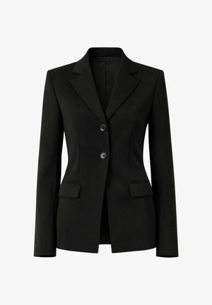 Blazer da donna nero su misura con rever a lancia, due bottoni, maniche lunghe e tasche con pattina, mostrato frontalmente su sfondo bianco.