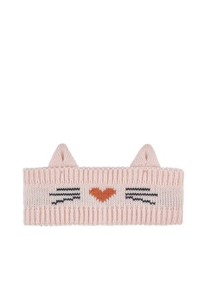 Rosa gestricktes Stirnband mit Katzenohren, schwarzen Schnurrhaaren und einem orangefarbenen Herz vorne.