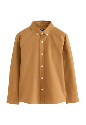 Long-sleeve camel brown button-up shirt with buttoned collar and white buttons, displayed on a white background.