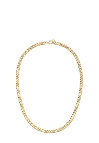 Guldhalsband med sammanlänkade curb-länkar, en slät yta och en karbinlås-stängning. Lämplig för både avslappnad och formal klädsel.