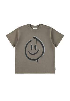 Kortærmet grå T-shirt med et stort sort og gråt graffiti-smiley på fronten.