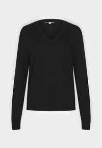 Schwarzer Pullover mit langen Ärmeln und V-Ausschnitt. Hergestellt aus weichem, leichtem Material. Verfügt über gerippte Bündchen und Saum für eine figurbetonte Passform.