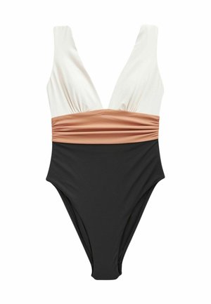 Egy darab úszódressz mély V-kivágással, fehér felsőrésszel, taupe középrésszel és fekete alsó résszel. Simább, rugalmas anyagból készült.