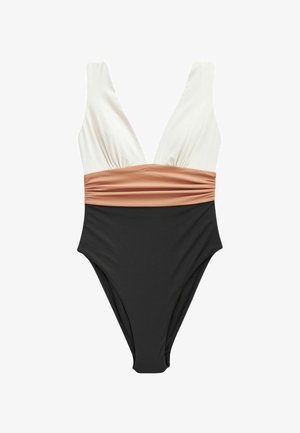 Egy darab úszódressz mély V-kivágással, fehér felsőrésszel, taupe középrésszel és fekete alsó résszel. Simább, rugalmas anyagból készült.