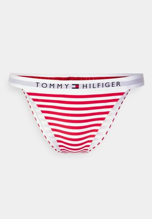 Röd och vitrandig bikiniunderdel med vit elastisk midjeresår som har "TOMMY HILFIGER"-logotyp. Mjuk material med badklädesdesign.