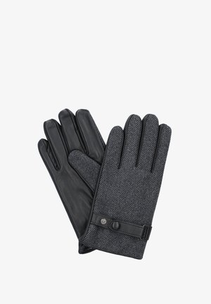 Czarne skórzane rękawiczki z teksturowanej szarej tkaniny z zapięciem na guzik. Pięciopalczasty design z wzorem w jodełkę.