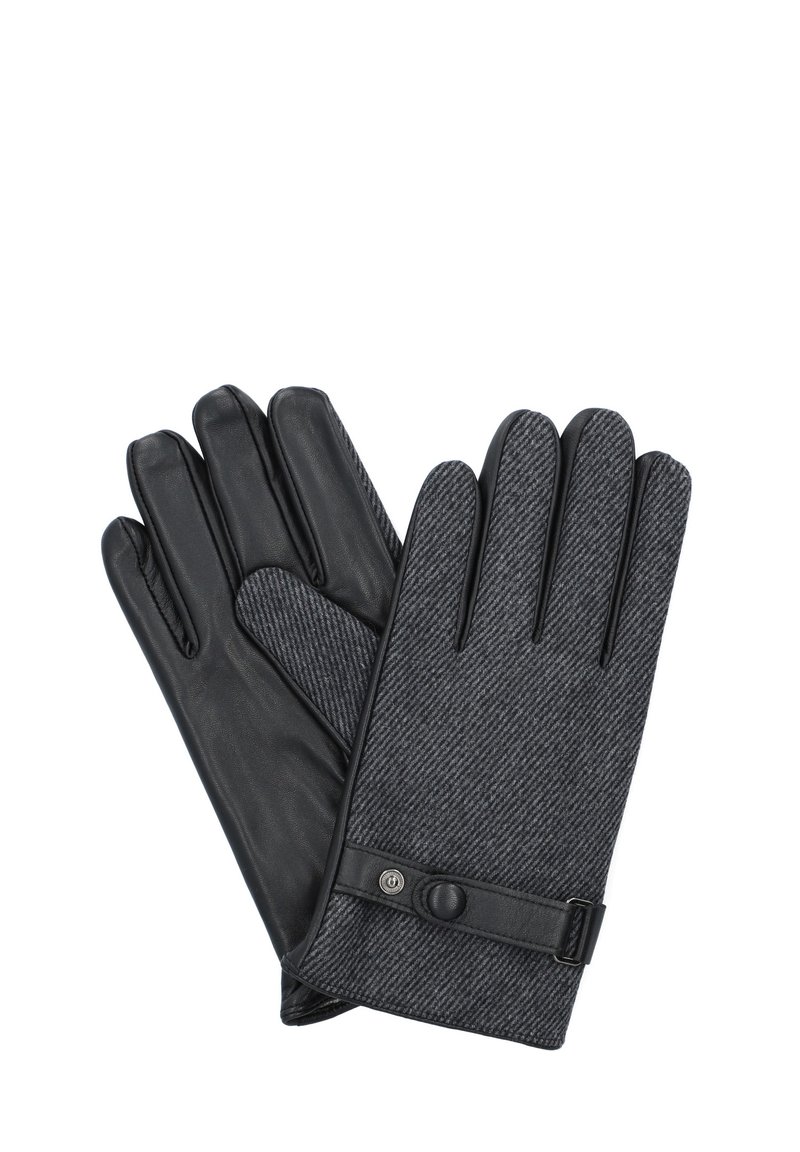 Czarne skórzane rękawiczki z teksturowanej szarej tkaniny z zapięciem na guzik. Pięciopalczasty design z wzorem w jodełkę.