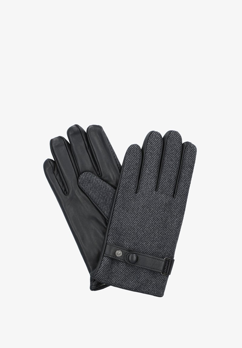 Czarne skórzane rękawiczki z teksturowanej szarej tkaniny z zapięciem na guzik. Pięciopalczasty design z wzorem w jodełkę.
